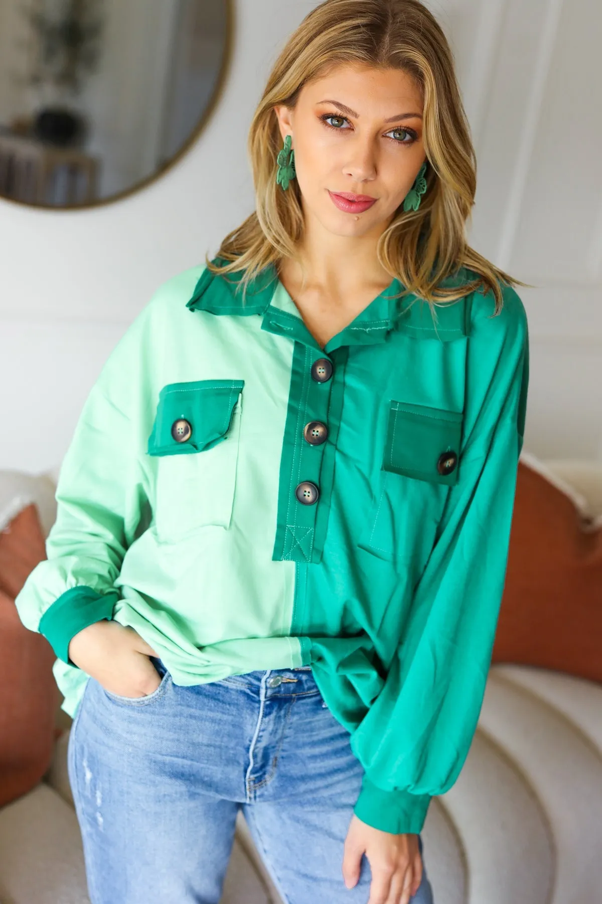 On The Way Up Mint Color Block Button Down Pullover sold by Charming Charlie product image thumbnail 4