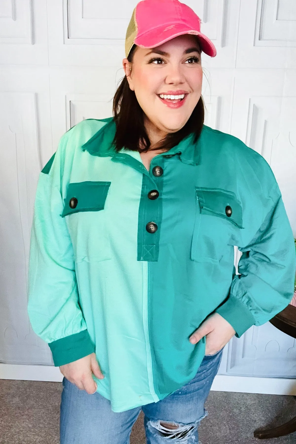 On The Way Up Mint Color Block Button Down Pullover sold by Charming Charlie
