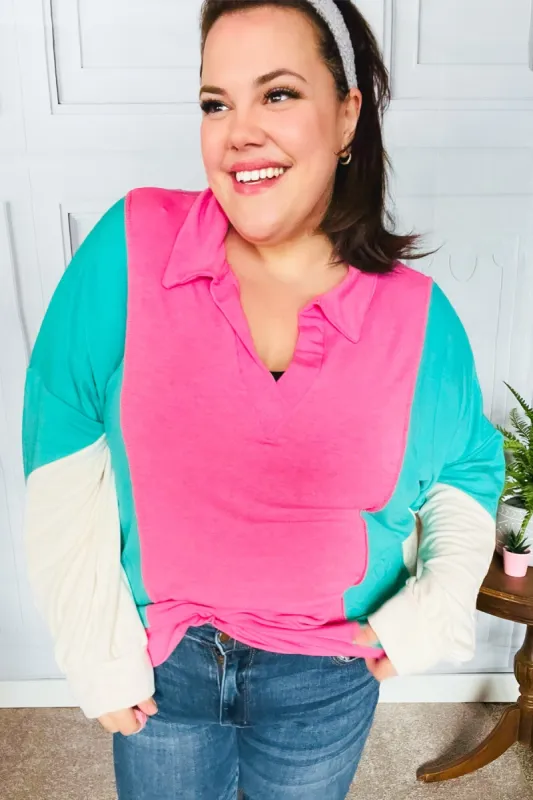 Stand Out Hot Pink & Mint V Neck Collared Terry Color Block Top made by Charming Charlie