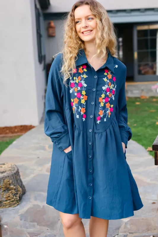 Just Imagine Navy Floral Embroidered Button Down Long Sleeve Dress sold by Charming Charlie