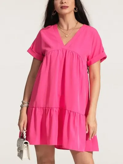 V-Neck Short Sleeve Ruffle Hem Dress sold by Charming Charlie