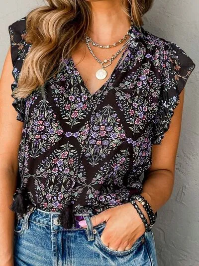 Tassel Ruffled Floral Cap Sleeve Blouse sold by Charming Charlie product image thumbnail 2