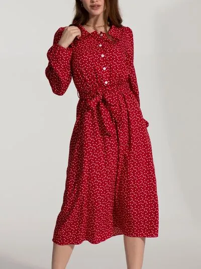 Tied Printed Button Up Balloon Sleeve Dress sold by Charming Charlie