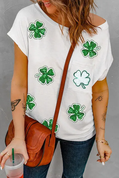 Sequin Lucky Clover Boat Neck T-Shirt sold by Charming Charlie