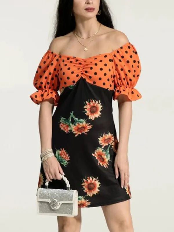Ruched Polka Dot Flounce Sleeve Dress sold by Charming Charlie