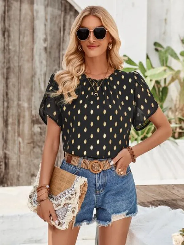 Printed Round Neck Petal Sleeve Blouse sold by Charming Charlie