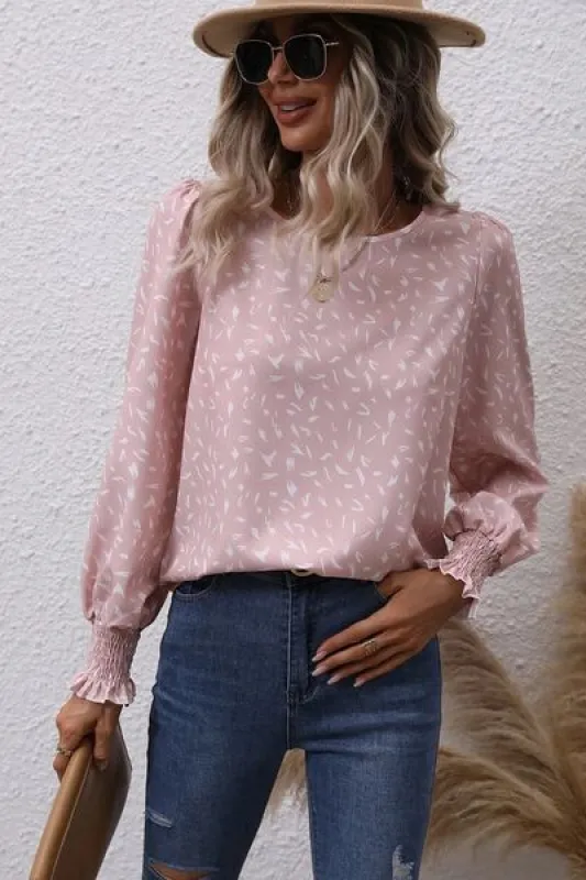 Printed Round Neck Lantern Sleeve Blouse sold by Charming Charlie