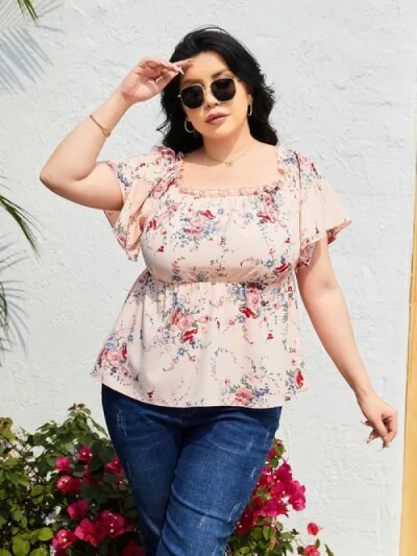 Plus Size Frill Printed Flutter Sleeve Blouse sold by Charming Charlie