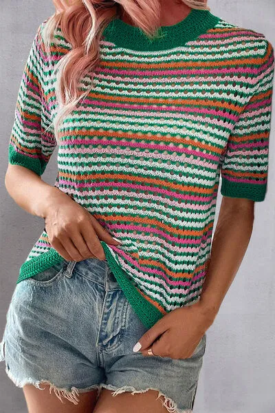 Openwork Striped Short Sleeve Knit Top sold by Charming Charlie
