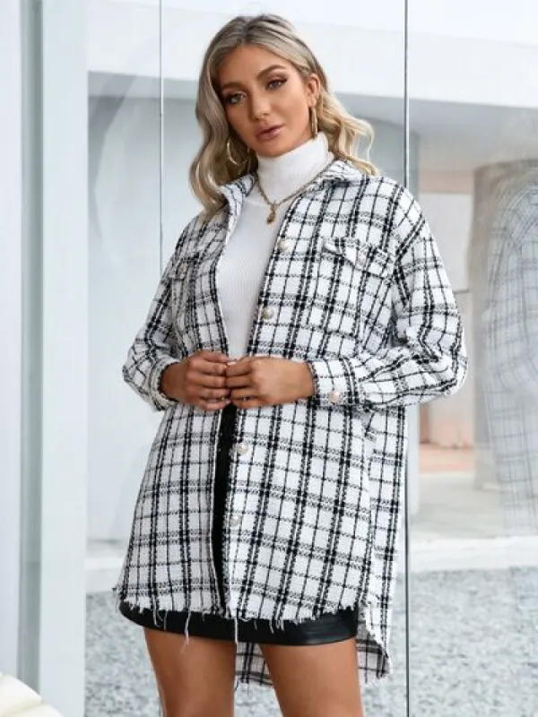 Plaid Pocketed Button Up Dropped Shoulder Jacket sold by Charming Charlie
