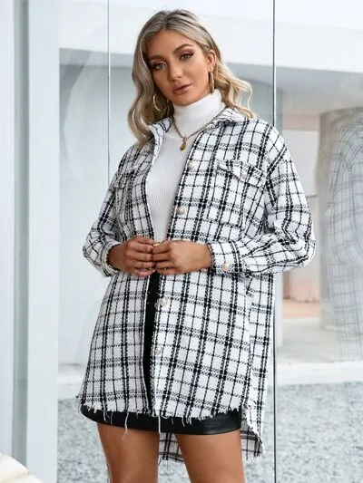 Plaid Pocketed Button Up Dropped Shoulder Jacket sold by Charming Charlie