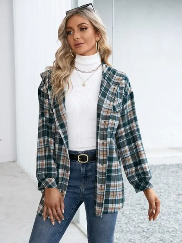 Plaid Snap Down Hooded Jacket sold by Charming Charlie