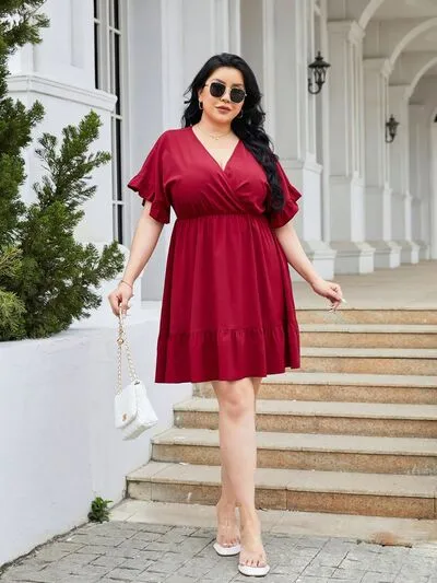 Plus Size Ruched Surplice Flounce Sleeve Mini Dress sold by Charming Charlie product image thumbnail 3