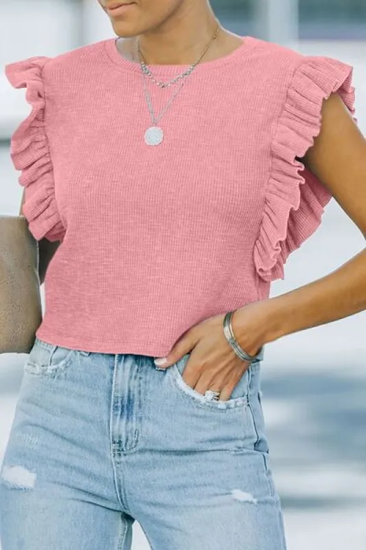 Full Size Ruffled Round Neck Cap Sleeve Blouse sold by Charming Charlie
