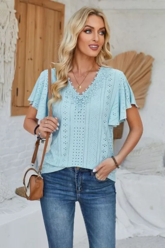 Eyelet Applique V-Neck Cap Sleeve T-Shirt sold by Charming Charlie