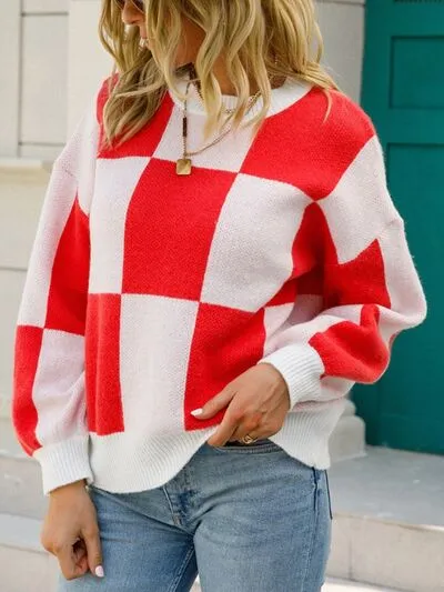 Checkered Round Neck Dropped Shoulder Sweater sold by Charming Charlie
