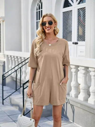 Backless Pocketed Round Neck Half Sleeve Romper sold by Charming Charlie