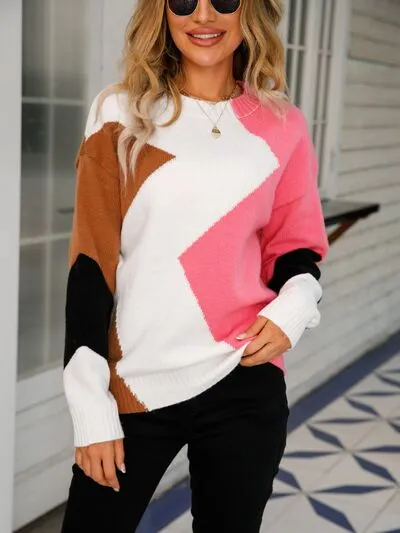 Color Block Round Neck Dropped Shoulder Sweater sold by Charming Charlie