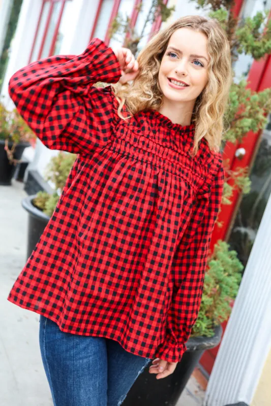 Adorable in Red Gingham Shirred Mock Neck Top sold by Charming Charlie