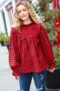 Adorable in Red Gingham Shirred Mock Neck Top sold by Charming Charlie