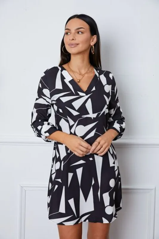 Geometric V-Neck Roll-Tab Sleeve Mini Dress sold by Charming Charlie
