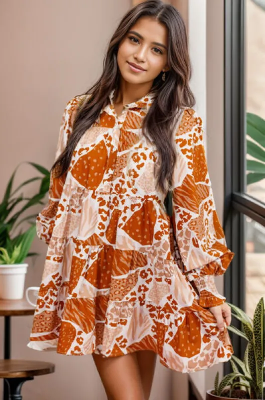 Printed Tiered Half Button Lantern Sleeve Mini Dress sold by Charming Charlie