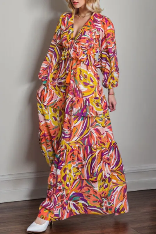 Printed Ruffled V-Neck Tiered Dress sold by Charming Charlie