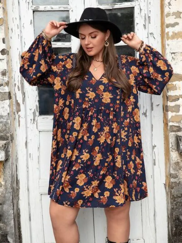 Plus Size Floral V-Neck Balloon Sleeve Dress sold by Charming Charlie