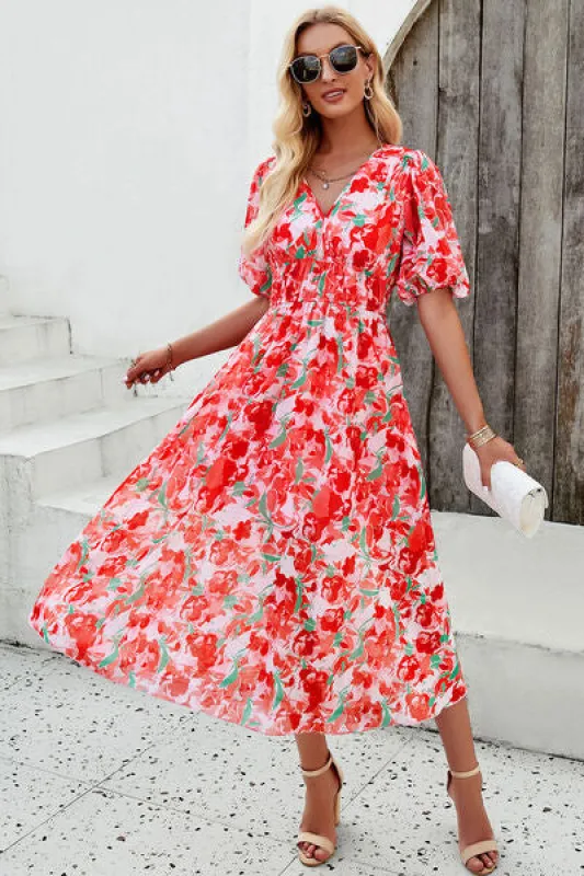 Smocked Printed V-Neck Short Sleeve Dress sold by Charming Charlie