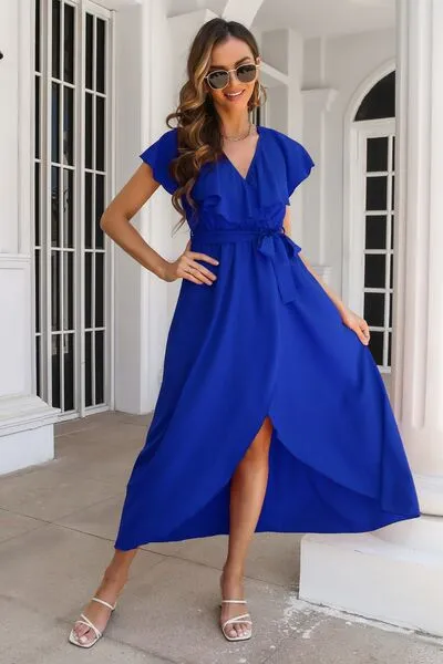 Ruffled Surplice Tie Waist Slit Midi Dress sold by Charming Charlie product image thumbnail 4