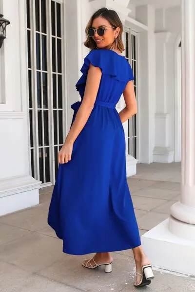 Ruffled Surplice Tie Waist Slit Midi Dress sold by Charming Charlie product image thumbnail 5