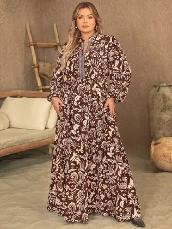 Plus Size Notched Balloon Sleeve Printed Maxi Dress sold by Charming Charlie