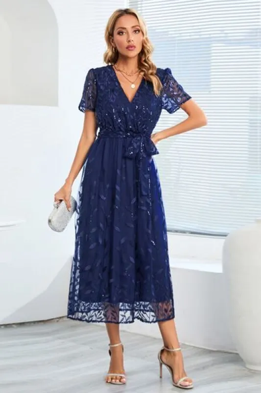 Sequin Leaf Embroidery Tie Front Short Sleeve Dress sold by Charming Charlie