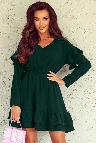 Ruffled V-Neck Dropped Shoulder Mini Dress sold by Charming Charlie