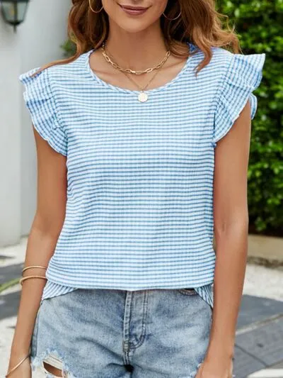 Plaid Ruffled Round Neck Cap Sleeve T-Shirt sold by Charming Charlie