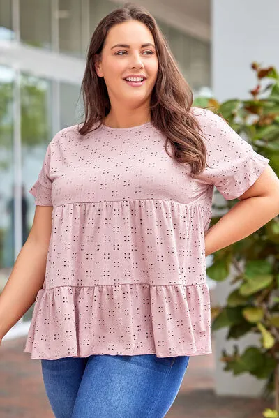 Plus Size Eyelet Round Neck Short Sleeve Blouse sold by Charming Charlie