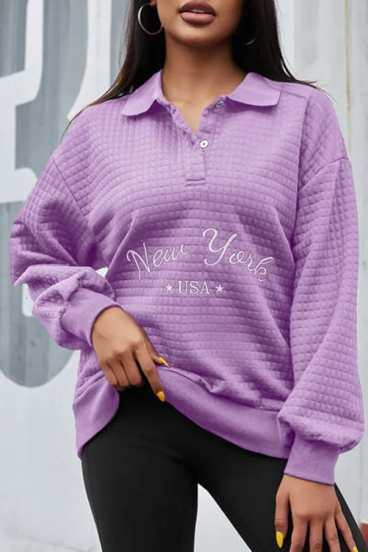 NEW YORK USA Quarter Button Dropped Shoulder Sweatshirt sold by Charming Charlie