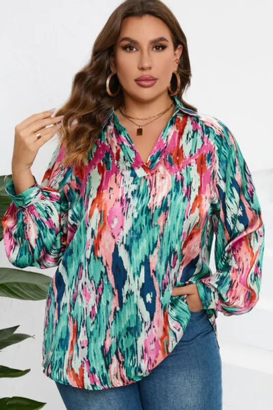 Plus Size Printed Johnny Collar Long Sleeve Blouse sold by Charming Charlie