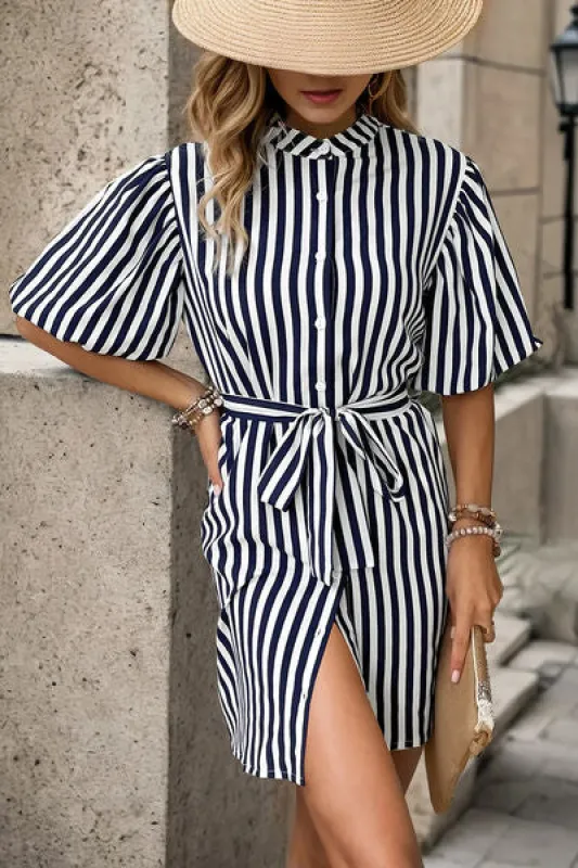 Striped Button Up Tie Waist Mini Dress sold by Charming Charlie