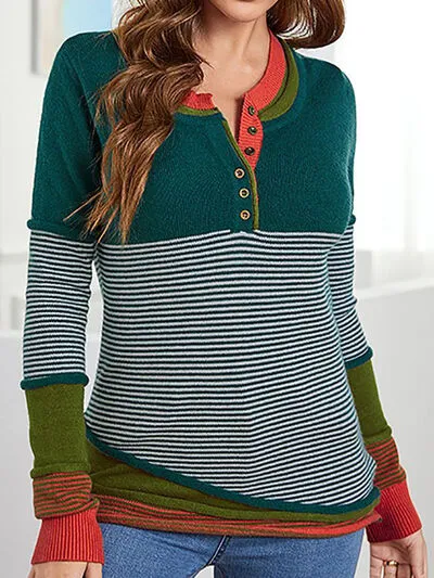 Striped Contrast Notched Long Sleeve Sweater sold by Charming Charlie
