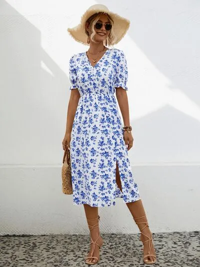 Slit Printed V-Neck Short Sleeve Dress sold by Charming Charlie