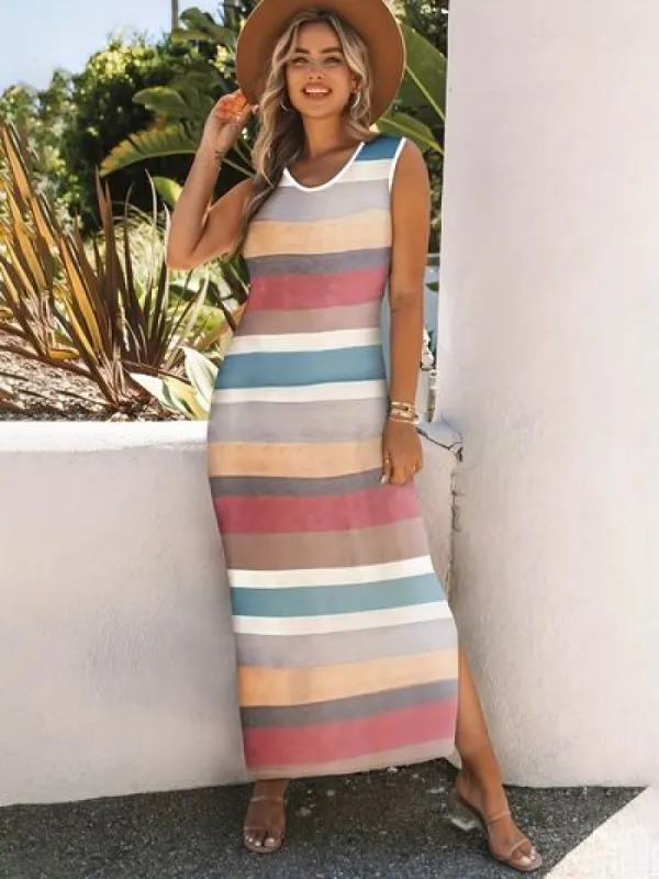 Slit Striped Round Neck Sleeveless Dress sold by Charming Charlie