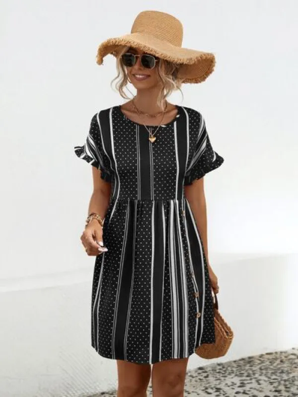 Striped Polka Dot Frill Short Sleeve Mini Dress sold by Charming Charlie