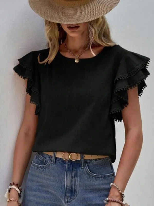 Ruffled Cap Sleeve Round Neck Blouse sold by Charming Charlie