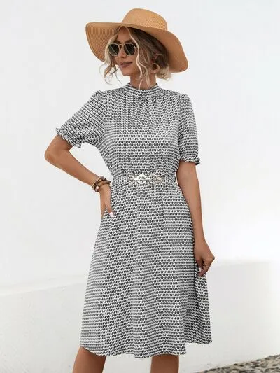 Printed Mock Neck Flounce Sleeve Dress sold by Charming Charlie