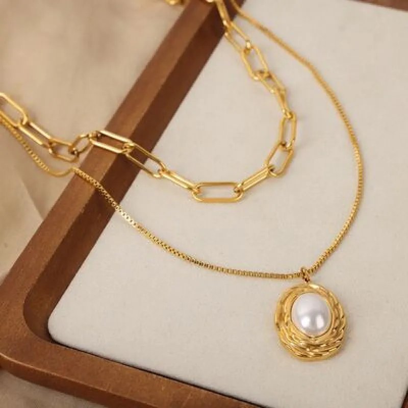 Inlaid Pearl Double-Layered Titanium Steel Necklace sold by Charming Charlie