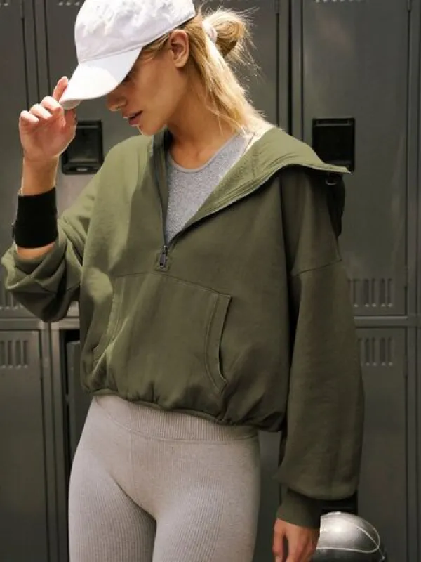 Half Zip Pocketed Dropped Shoulder Hoodie sold by Charming Charlie