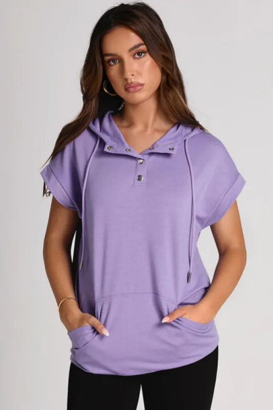 Drawstring Quarter Snap Cap Sleeve Hoodie sold by Charming Charlie