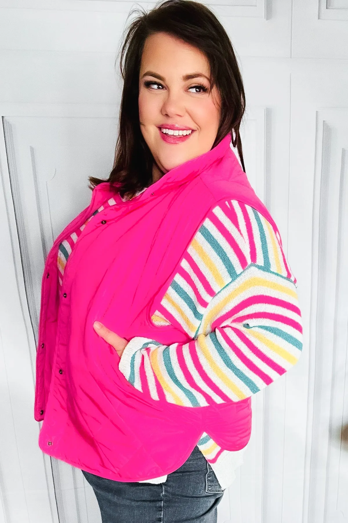 You Got This Hot Pink High Neck Quilted Puffer Vest sold by Charming Charlie