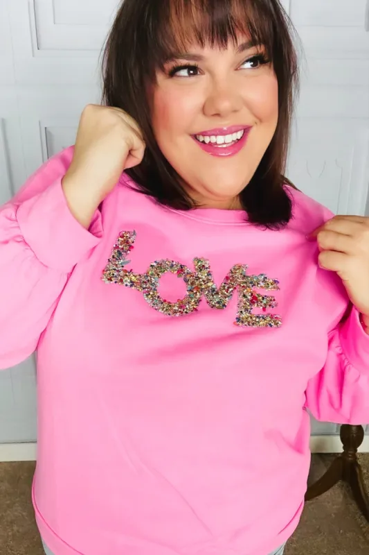 Pink "LOVE" Jewel Beaded Patch Pullover Top sold by Charming Charlie
